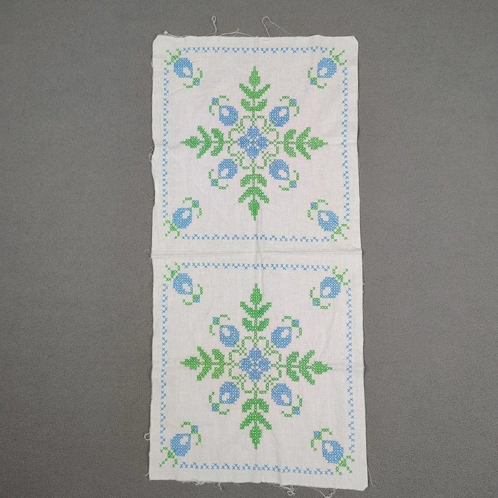 Vintage Embroidered Tea Towel Set (4) Blue White Floral Unfinished Linens 12x26